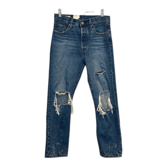 Levi’s 501 Button Fly High Waisted 
Distressed Cropped Jeans Paint Splatter Hem - Picture 1 of 16